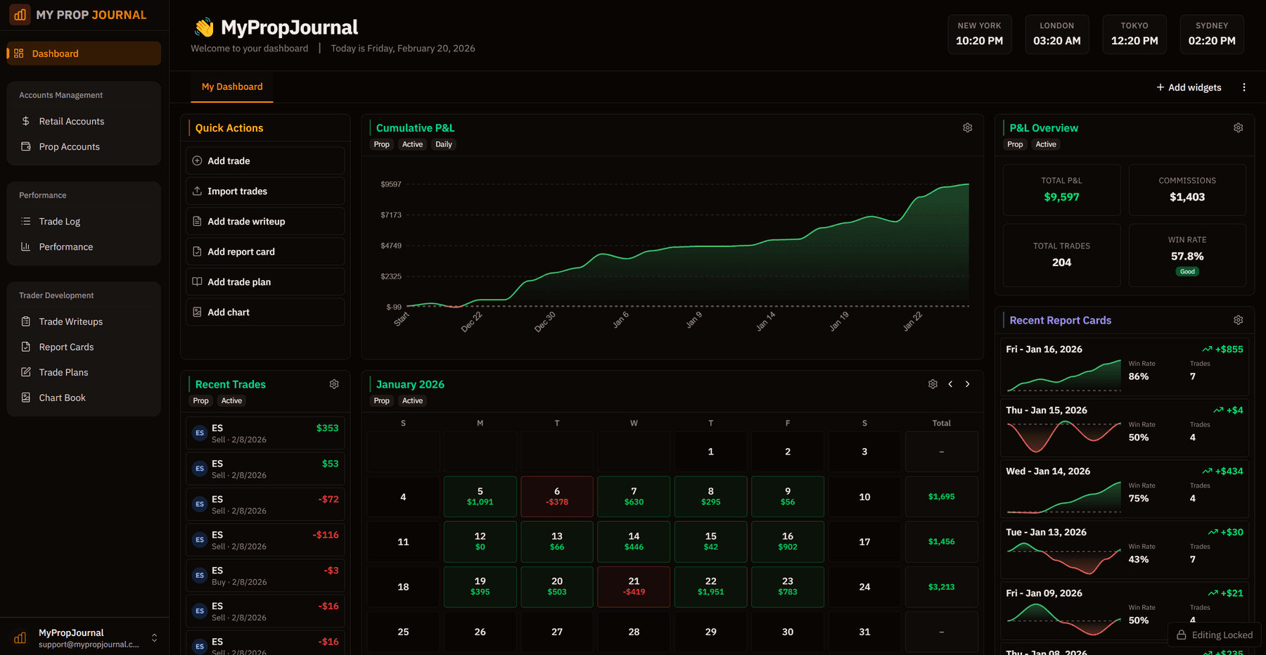 Trade journal dashboard showing customizable widgets and performance analytics